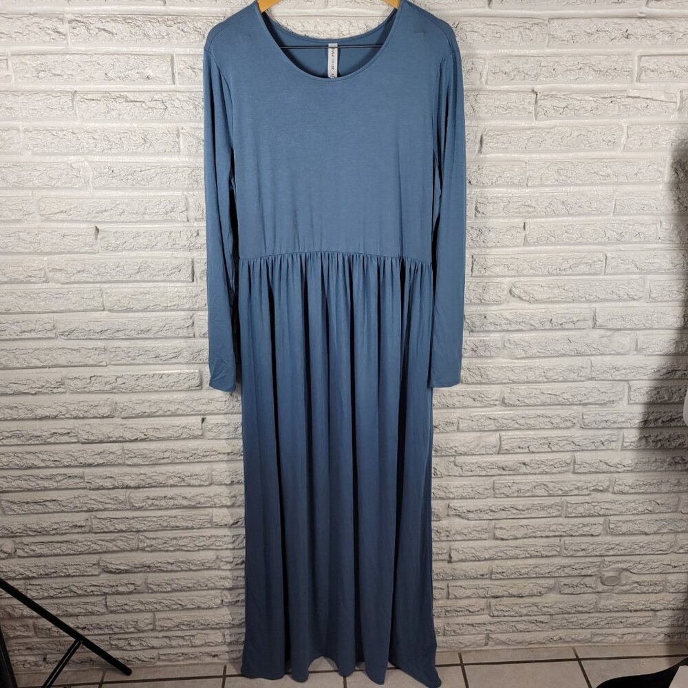 Zenana Outfitters 2X Plus Maxi Dress Blue Long Sleeve Shirt Dress BLU179E